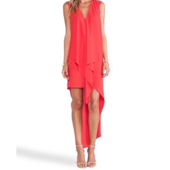 BCBGMaxAzria TARA sleeveless cascading coral chiffon high low shift dress M - Picture 1 of 10